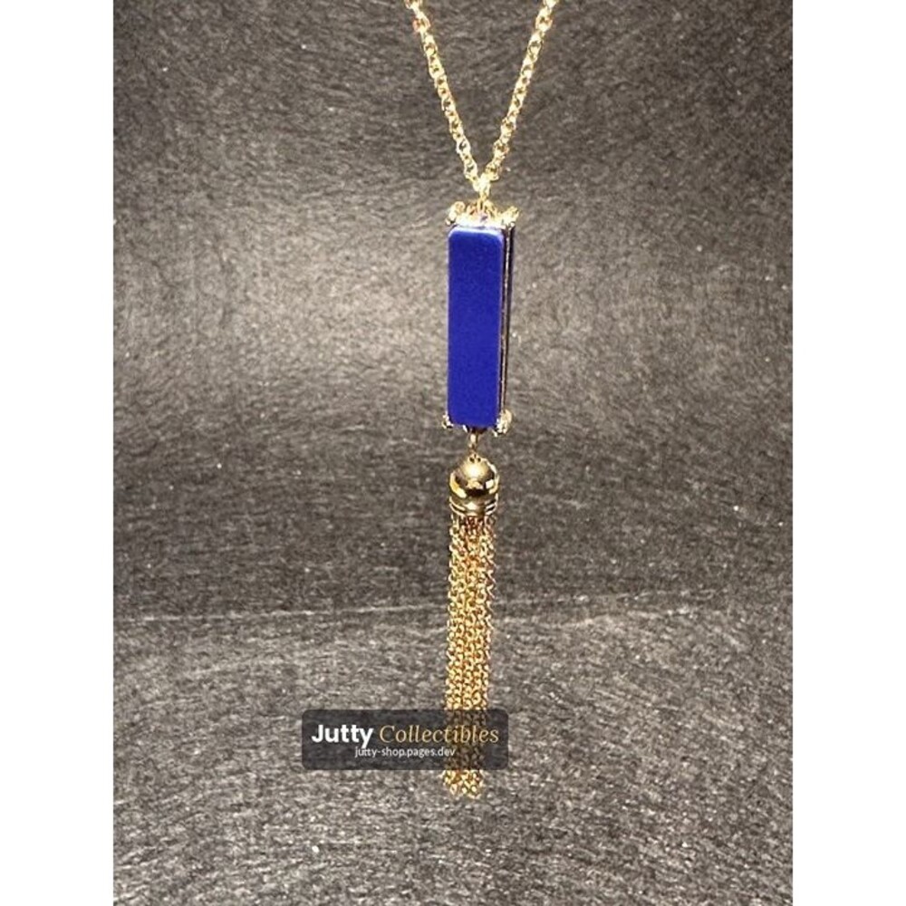 navy blue stone tassel pendant necklace long gold tone nwt